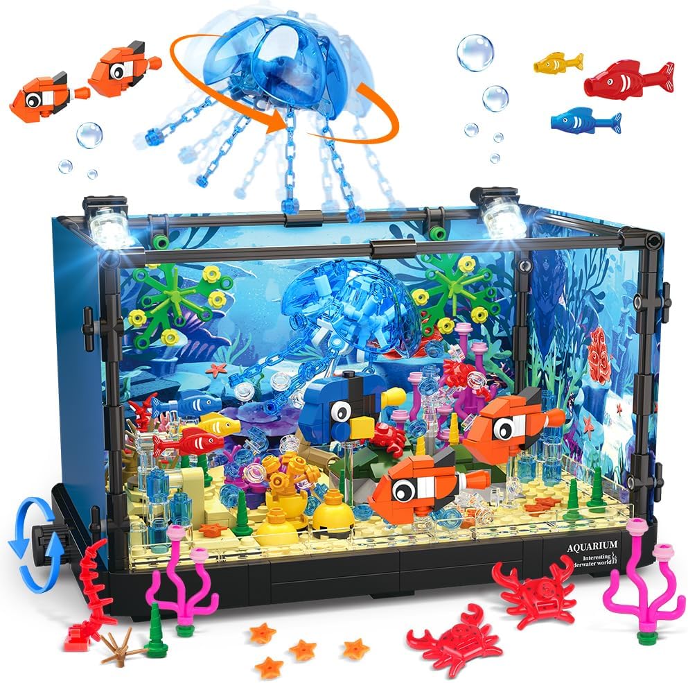 Marine Aquarium Cube - Aquarium-Block-Set mit Lichtern, Aquarium, Meeresleben, Hai-Öko-Panzer,